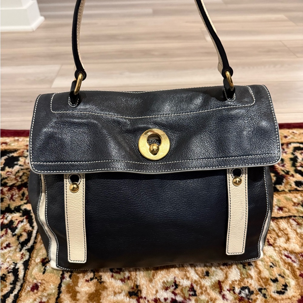 Yves Saint Laurent Muse Two Leather Shoulder Bag Black Ivory Gold Hardware